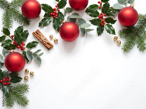 Elegant Christmas Frame with Decorative Red Ornaments on White Background for Greeting Cards
