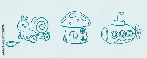Cute doodle toy collection featuring a snail on wheels, mushroom house and submarine. Adorable cartoon outline vector illustrations isolated on white background for kids' designs.