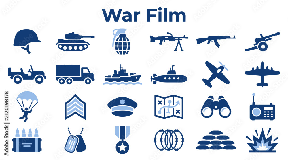 Obraz premium Collection of military and war film icons representing combat vehicles, weapons, and soldier equipment for historical or action movie themes