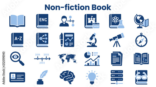Obraz na płótnie Collection of non-fiction book and knowledge icons, representing education, science, research, and discovery with a modern flat design aesthetic on a clean background