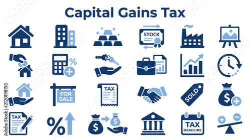 Capital Gains Tax Icons Representing Property Investment Finance Taxation Profit Business Growth Wealth Management and Financial Planning Concepts