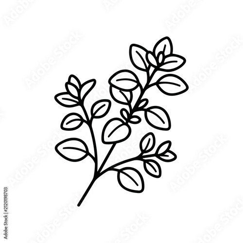 Black line drawing of leafy branch.