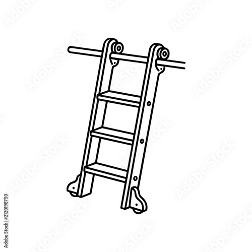 Industrial metal ladder with rollers.