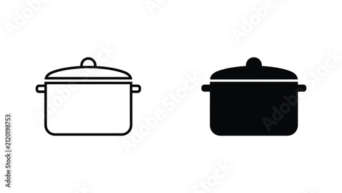 Cuadro en lienzo Cooking pot with lid in outline and solid black vector icons for kitchenware and