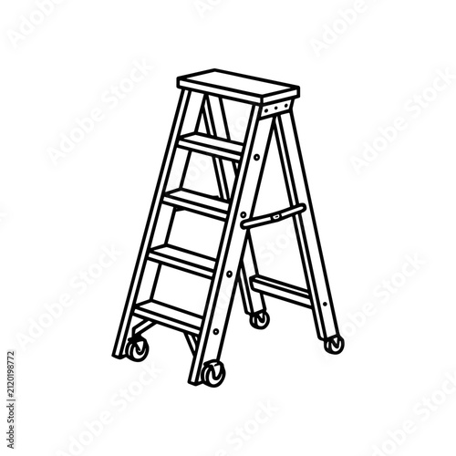 A folding step ladder with wheels.