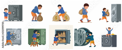 Foto Collection of Flat Vector Illustrations Featuring a Young Boy Interacting with a