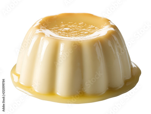 Creamy vanilla pudding with a smooth glossy surface and rich custard sauce, isolated on a white background.