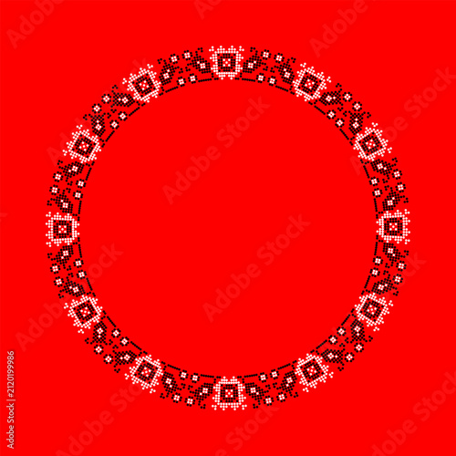 Round Ukrainian Dotted Pattern Frame with Black and White Floral Motifs on Red Background, Vyshyvanka Inspired Folk Ethnic Vector Wreath