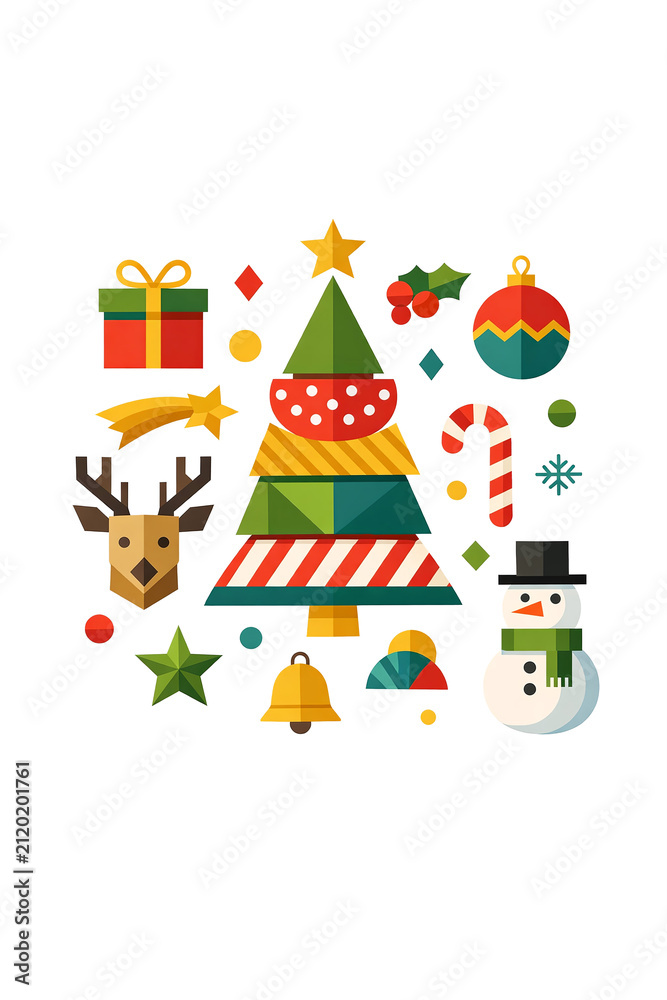 Naklejka premium Christmas Illustration with Santa Claus, Tree, Gifts, and Decorations.