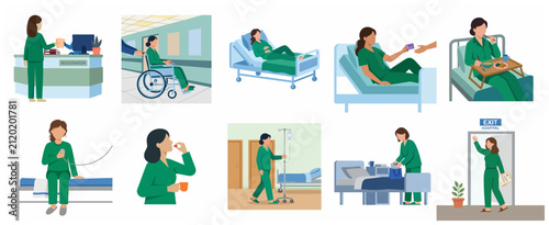Medical care and hospital patient journey vector illustrations set, female patient treatment from registration to discharge.