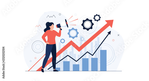 Professional marketing specialist with megaphone promoting business growth and explaining growing trend chart.