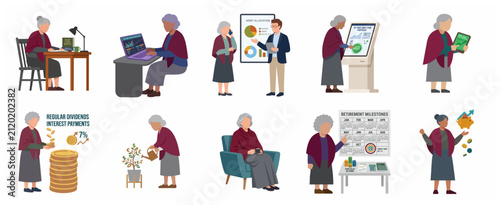 Fotografía Senior Women Retirement Planning and Financial Investment Vector Illustration Se