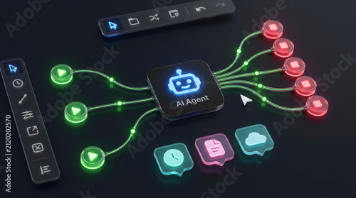Artificial intelligence agent automation workflow interface with node based connections for smart task management digital process optimization automation technology software concept.