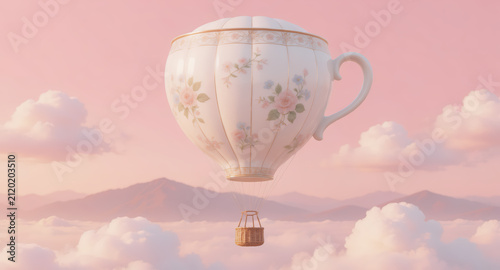 Porcelain teacup shaped hot air balloon floating above pastel clouds with floral pattern and wicker basket drifting over soft mountain landscape