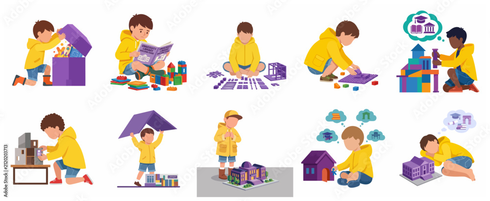 Fototapeta premium Set of kids building university models with blocks and reading books, concept of early education, childhood dreams, and future career in architecture and academia.