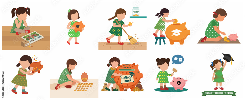 Fototapeta premium Set of illustrations showing a young girl saving money for her college fund, financial planning and education concept