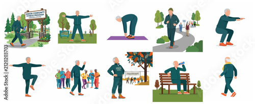 Collection of flat vector illustrations featuring senior citizens participating in community fitness activities and maintaining an active lifestyle.