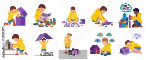 Set of kids building university models with blocks and reading books, concept of early education, childhood dreams, and future career in architecture and academia.