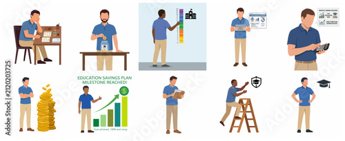 Comprehensive collection of flat vector illustrations depicting education savings planning, financial goal tracking, and university budgeting for students and parents.