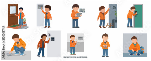 Smart home security and safety systems set featuring a boy using alarms, cameras, smart locks, and sensors for protection.