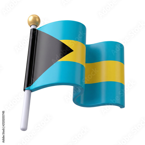 3D icon of Bahamian flag on a pole, isolated on white background
