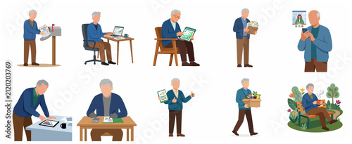 Senior Man Managing Retirement Planning and Pension Activities Flat Illustration Set