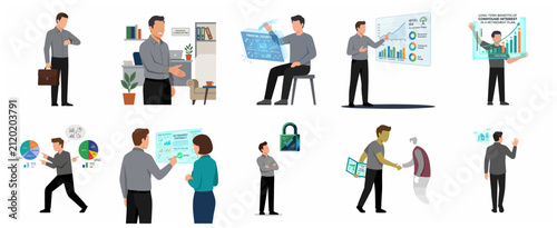 Financial planning and retirement savings illustrations set, featuring businessmen, investment charts, and pension management concepts