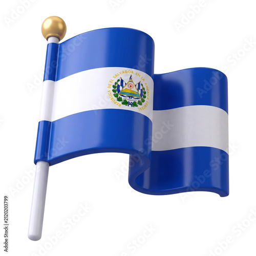 3D icon of El Salvador flag on a pole, isolated on white background