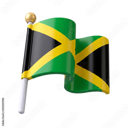 3D icon of Jamaican flag on a pole, isolated on white background