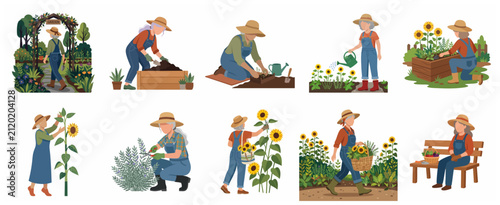 Collection of senior woman gardening illustrations, featuring an elderly female gardener planting, watering, and harvesting flowers in various scenes.