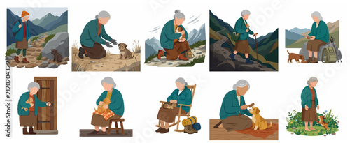 Flat vector illustration set of a senior woman hiking and caring for her small dog in various outdoor and indoor scenes.