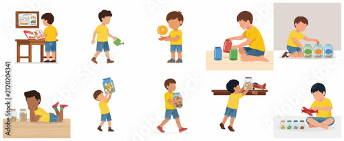 Set of Illustrations of a Young Boy Learning Financial Literacy, Saving Coins in Glass Jars, and Planning for Future Goals
