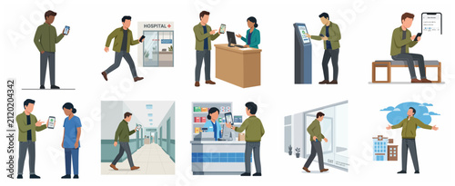 Man's Digital Healthcare Journey Set: Mobile App for Hospital Check-in, Insurance, and Pharmacy