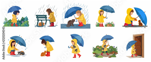 Set of Vector Illustrations of a Kind Girl in a Yellow Raincoat Helping and Protecting Stray Cats in the Rain