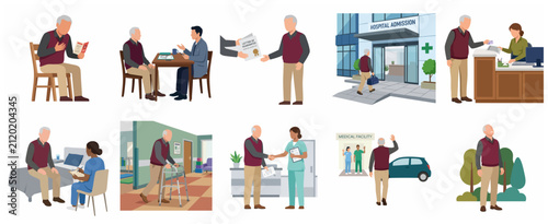 Senior patient healthcare journey illustration set featuring medical consultation, hospital admission, treatment with nurse, rehabilitation, and full recovery