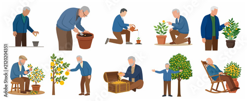 Fotografía Senior man cultivating money tree and financial growth concept set for retiremen