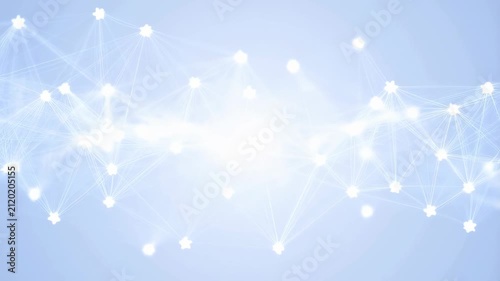 Glowing white and pale blue nodes pulse softly while connected by shifting lines on a light blue gradient background. Animated scene combines nodes and lines with glowing light.