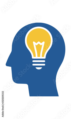 Minimalist human head profile silhouette with a lightbulb icon, flat color design on a white background, creative thinking concept