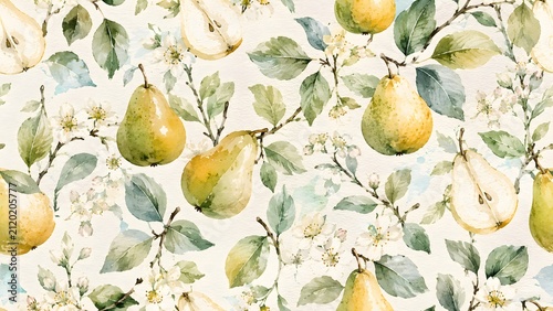 Seamless watercolor pattern with pears, blossoms, and leaves on branches botanical illustration of fruit tree elements in a repeating design
