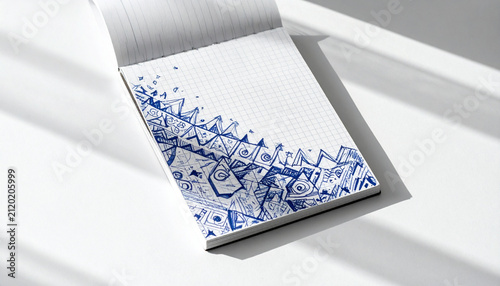 Open notebook page with blue sketch pattern on white desk in bright light