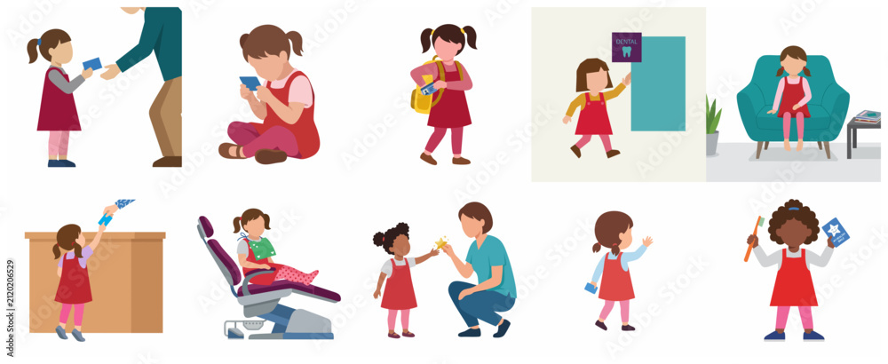 Fototapeta premium Set of vector illustrations for pediatric dental care featuring a young girl's visit to the dentist office.