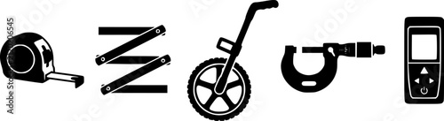 Set of five black minimalist icons representing various measuring tools: tape measure, folding ruler, surveyor wheel, micrometer, and laser distance meter on a white background.