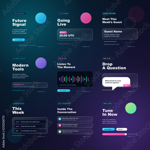 Принти на полотні Dark neon-accented tech podcast social media promo kit featuring audio wave prev