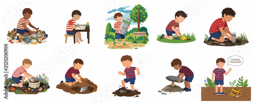 Quadro su tela Boy creating and burying a time capsule in the garden sequence illustration set