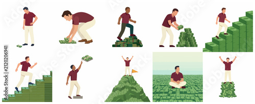 Set of conceptual illustrations showing a man building wealth, saving money, and achieving financial success from small bundles to a mountain of cash.