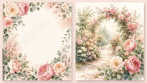 Watercolor floral frame with empty copy space and blooming rose garden archway diptych