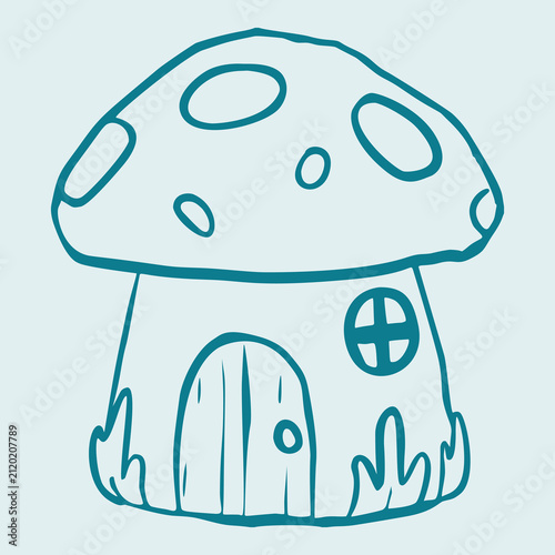 Cute mushroom house toy in doodle outline style. Adorable cartoon vector illustration isolated on white background for stickers, nursery decor, coloring pages and children's designs.
