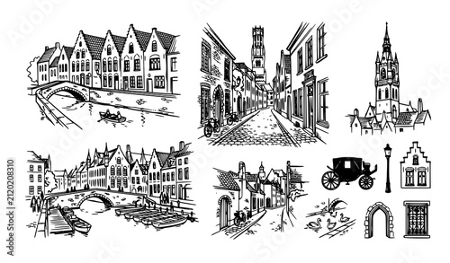 Hand Drawn Bruges Old Town Architecture Doodle Vector with Canal Scene