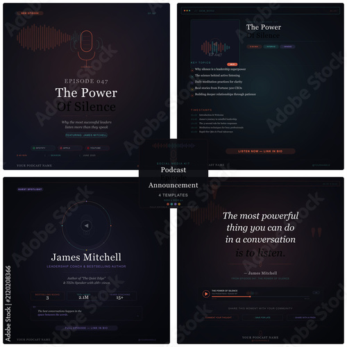 Cuadro en lienzo Sleek dark-mode podcast social media template set featuring episode announcemen