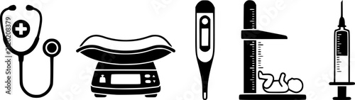 Black pediatric medical icons including stethoscope, baby scale, digital thermometer, height ruler, and syringe for infant healthcare design.
